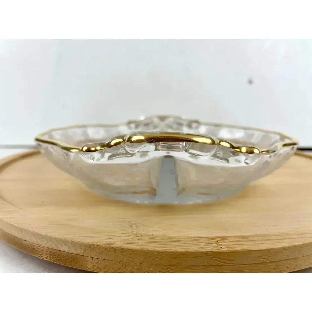 VTG Cambridge‎ Divided Handled Relish Glass Dish Wildflower Clear Gold Trim